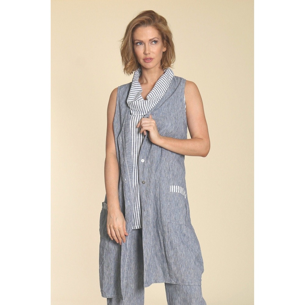 Fenini Women's Long Vest Blue Stripe Sleeveless Button Front Lagenlook- Size M‎